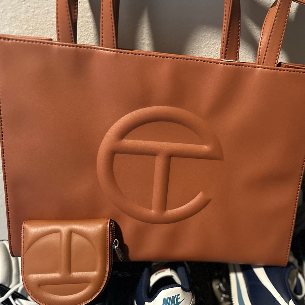 Telfar Brown Leather Logo Tote with Matching Coin Pouch